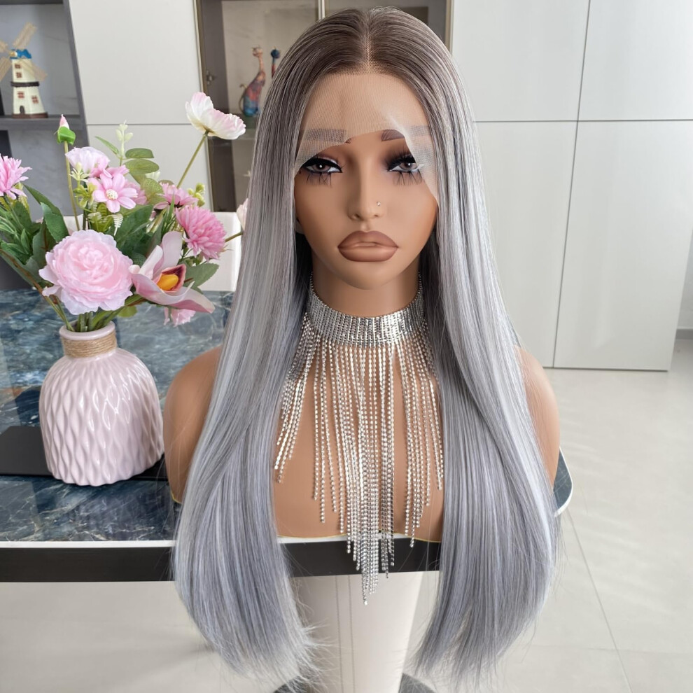 Carkira Unisex Silver,Grey Grey Wig With Platinum Blonde Highlight 13X4 Gray Lace Front Wigs Ombre Dark Root Color Long Silk Straight Silver Synthetic Fiber 22Inch For W