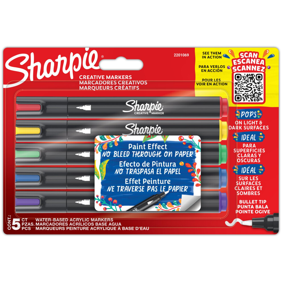 Sharpie Creative Marker Pennarelli Acrilici Per Hobby Creativi | Pennarelli A Base D'acqua Con Punta A Pennello | Ideali Per Fai Da Tedecorazioni E Scuola | Colori Assortiti | 5 Pezzi-image