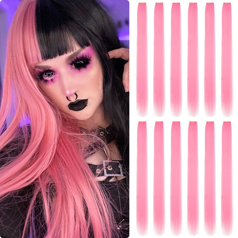 Fanguilar Extensions De Cheveux ColoréEs 12 PièCes 24 Pouces Cosplay Rose Clip Dans Les Extensions De Cheveux Arc-En-Ciel Couleur Unique FêTe MèC-image