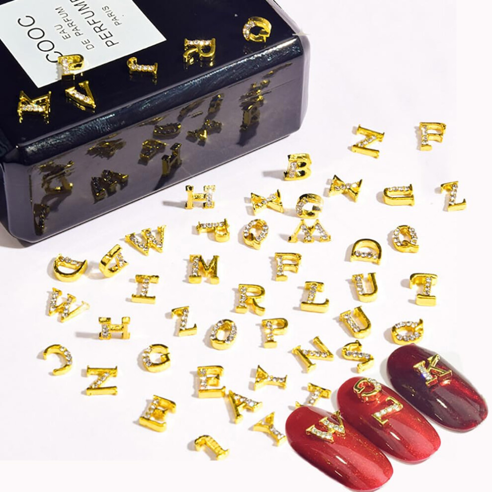 Cagzzee Gold Nail Letters Charms With Gems - 26Pcs Alphabet Nail Charms - Punk Letters Nail Stud Charms 3D Nail Alphabet Charms For Nails Making Diy Supplies
