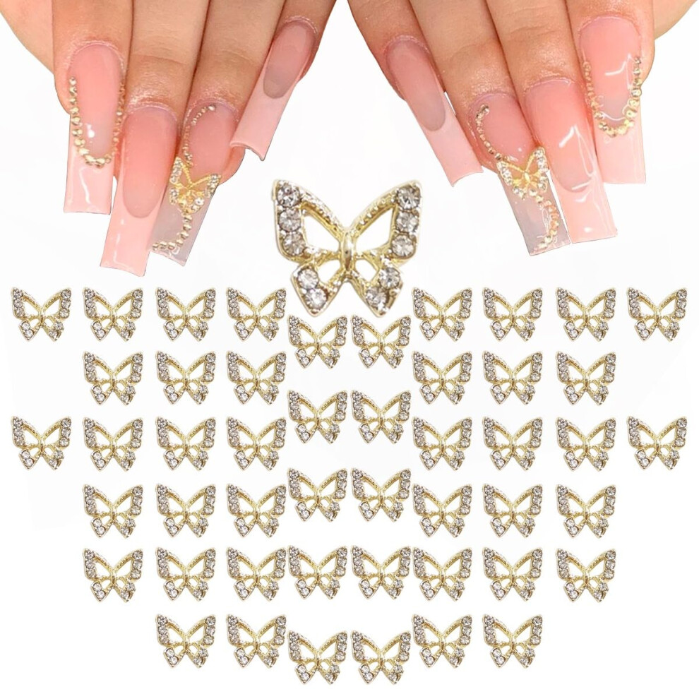 Qiipii Golden/Gold Butterfly Nail Charms Bulk 48Pcs 3D Butterflies Charms For Acrylic Nails Nail Rhinestones Charms Alloy Studs Nail Art Jewels Diamo