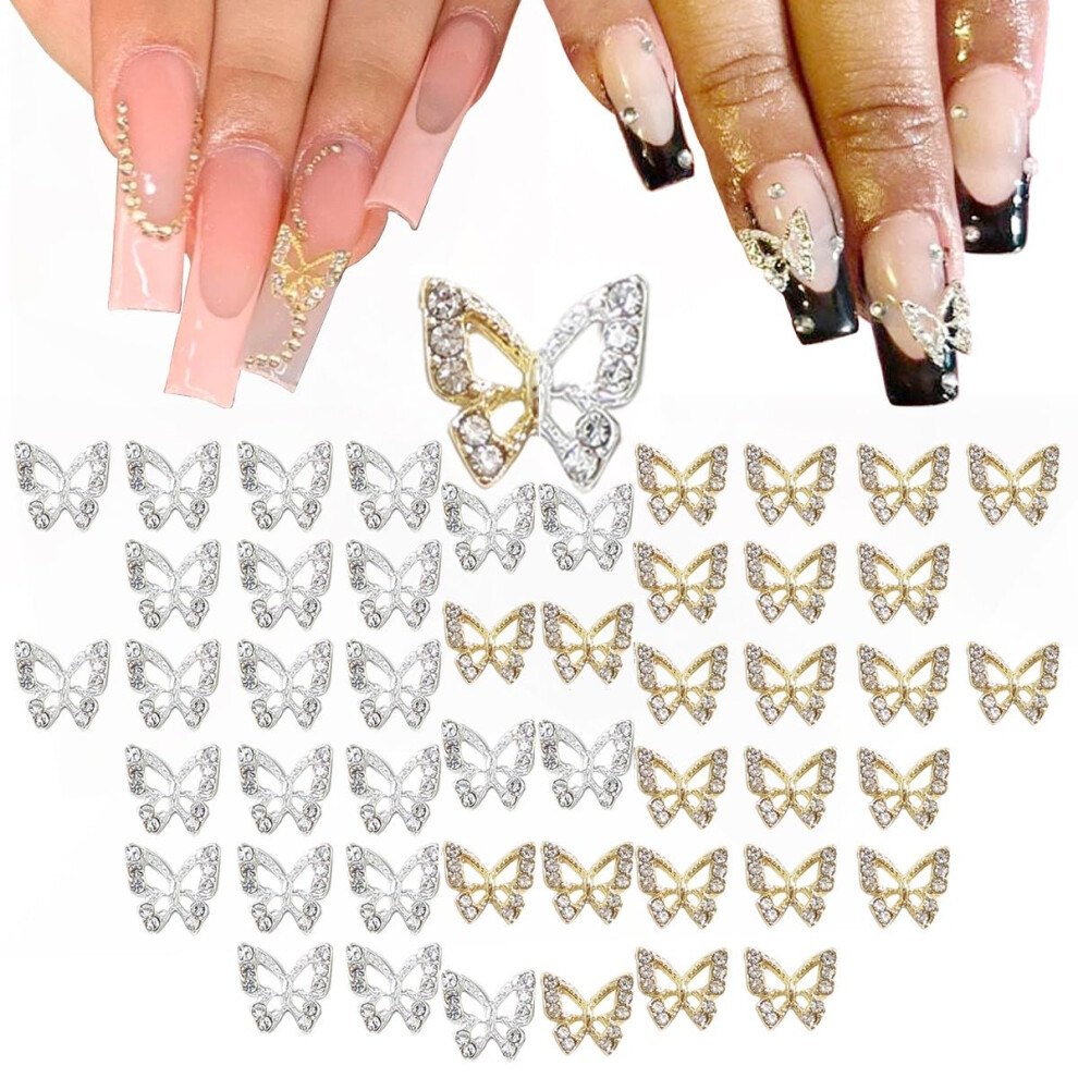 Qiipii Golden/Silver 48Pcs Butterfly Nail Charms Bulk 3D Butterflies Charms For Acrylic Nails Nail Rhinestones Charms Alloy Studs Nail Art Jewels Dia
