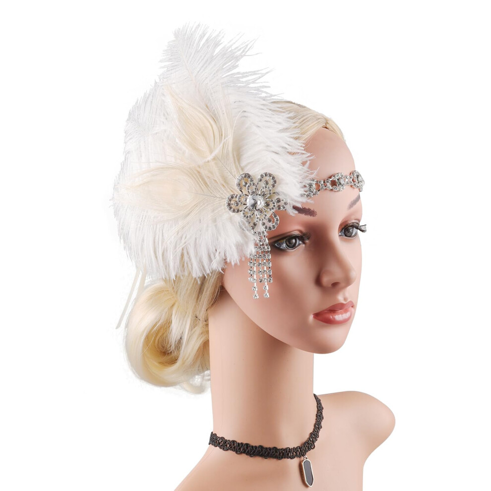 Bubbmi 1920S Peacock Feather Headband Great Gatsby Rhinestone Beaded Headband Costume Accessories For Women Girls Prom Parties (1523White)
