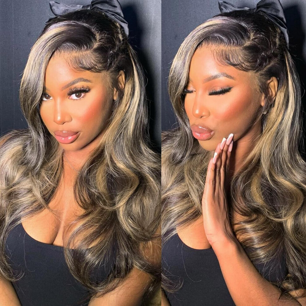 Juvid Unisex Not,Specified 13X6 Highlight Balayage Lace Front Wig Human Hair 180 Density Body Wave Hd Ombre Fb/27 Lace Front Wigs Human Hair Pre Plucked Glueless Lace Frontal Hu