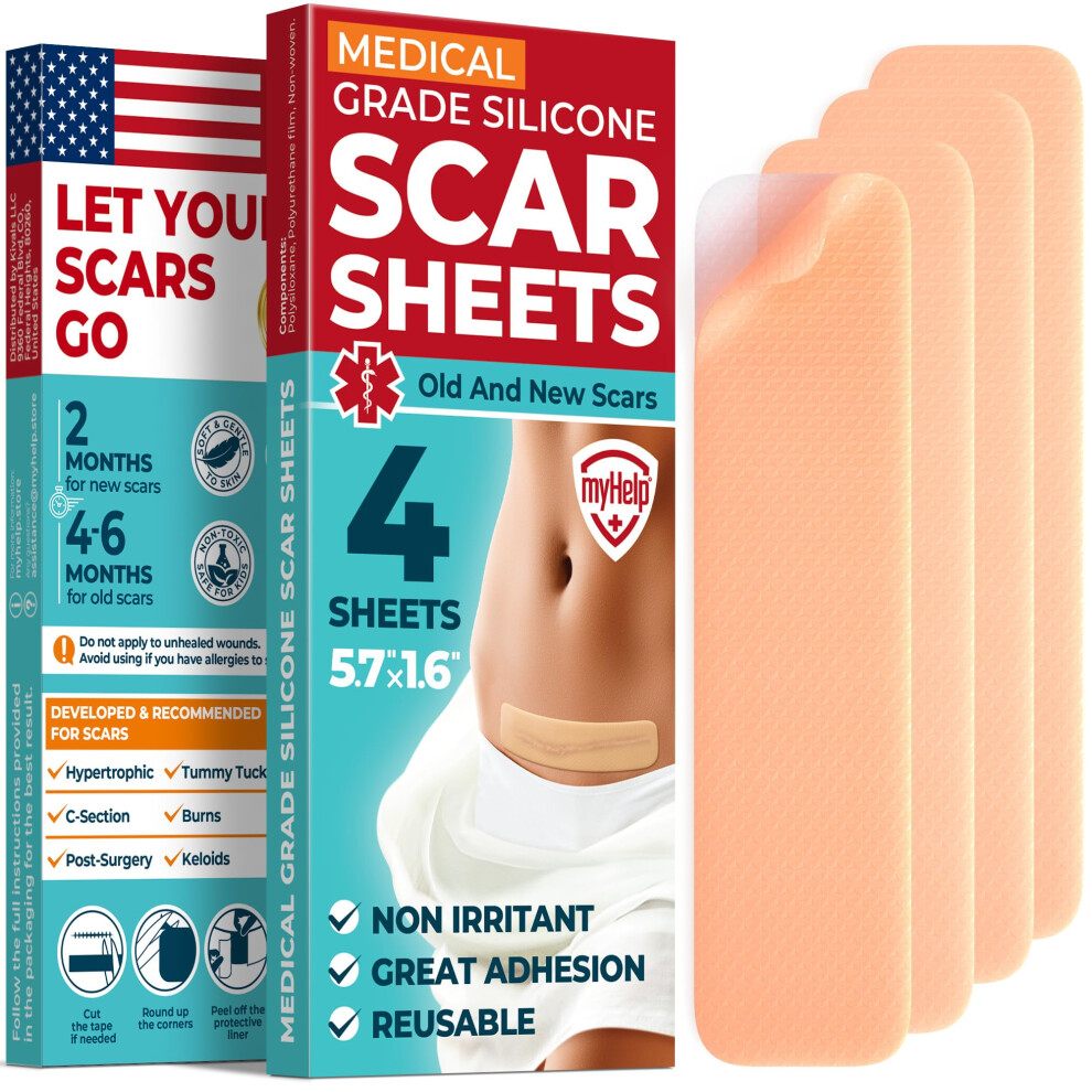 Myhelp Medical Grade Silicone Scar Sheets - 4Pk (5.7 X1.6 ) - Visible Difference On Surgical & Keloid Scars - Reusable C-Section Scar Silicone Strips - Easy