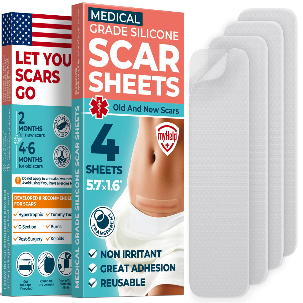 Myhelp Medical Grade Silicone Scar Sheets - Transparent - 4Pk (5.7 X1.6 ) - Visible Difference On Surgical & Keloid Scars - Reusable C-Section Scar Silicone