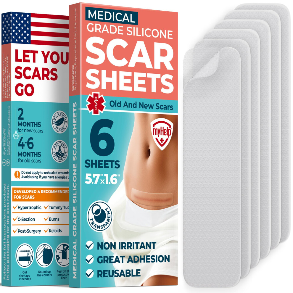 Myhelp Medical Grade Silicone Scar Sheets - Transparent - 6Pk (5.7 X1.6 ) - Visible Difference On Surgical & Keloid Scars - Reusable C-Section Scar Silicone