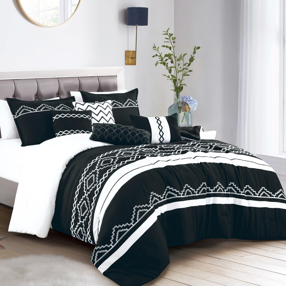 Parure de lit Euzebia noire et blanche 7 pi   ces ESCA, motif g   om   trique, pour lit queen size
