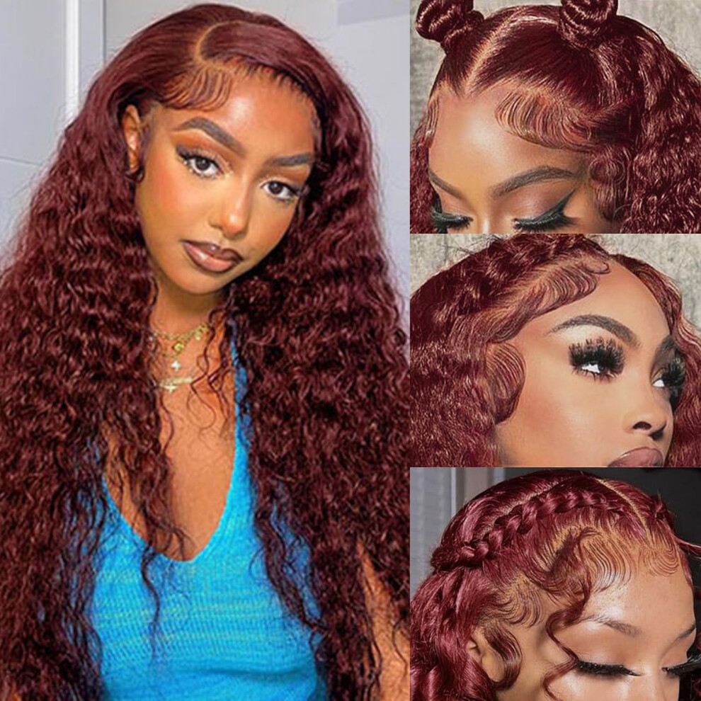 Cfaimity Unisex Brown Reddish Lace Front Wigs Human Hair 13X6 Reddish Curly Lace Front Wig 180 Density 33# Deep Wave Hd Lace Frontal Wigs Human Hair Pre Plucked