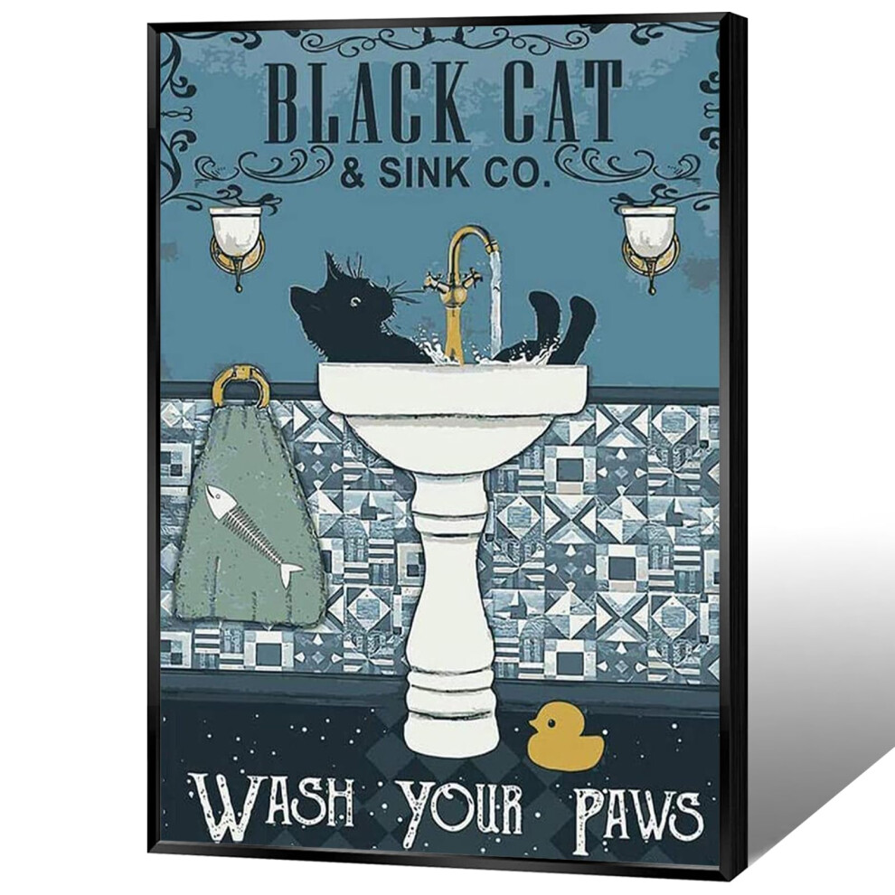 DVBOCS Art mural sur toile avec chat dr   le pour salle de bain, affiches de chat noir, lavage des pattes, impressions de chat de baignoire vintage