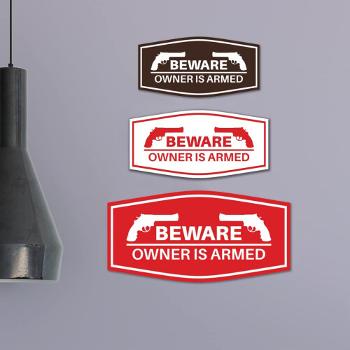 Fancy Beware Owner is Armed Sign (Brushed Silver) - Small 2 Pack 1