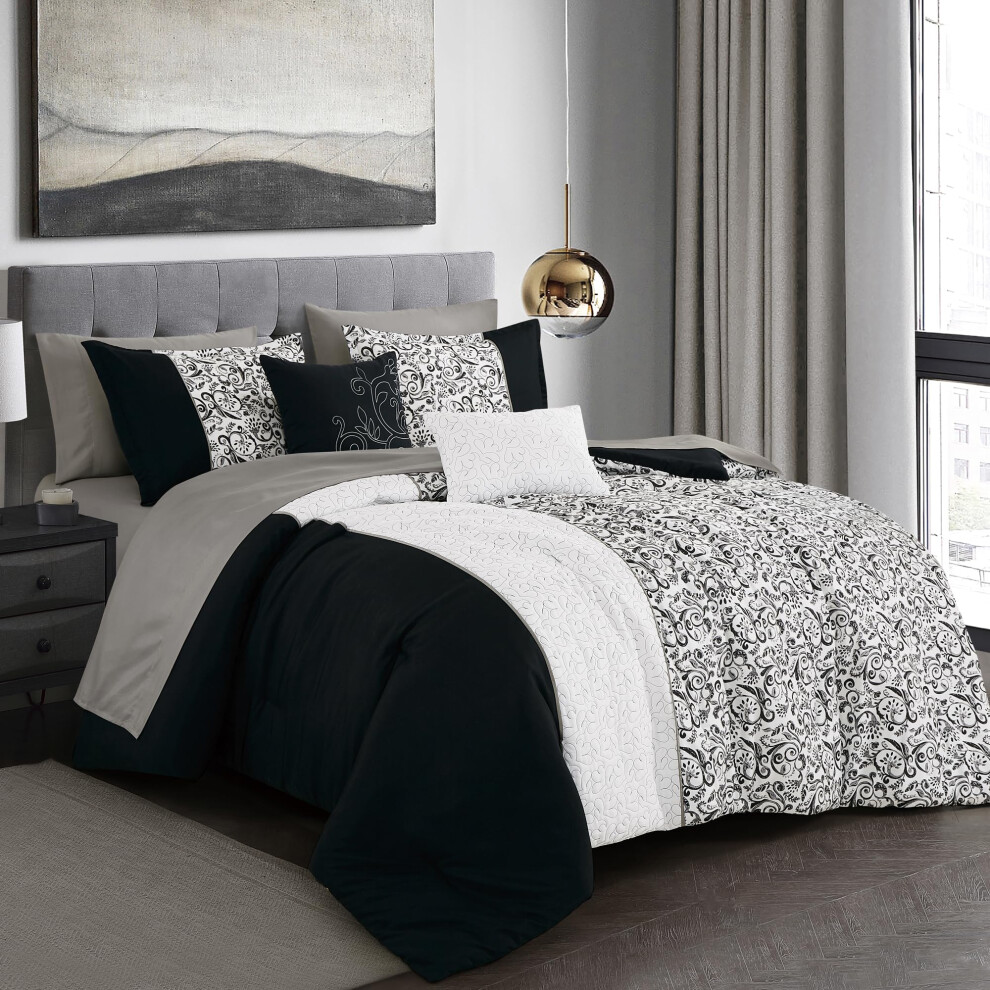 Parure de lit ESCA Bed-in-a-Bag 9 pi   ces Protima Floral noir et blanc avec couette et drap Queen Size