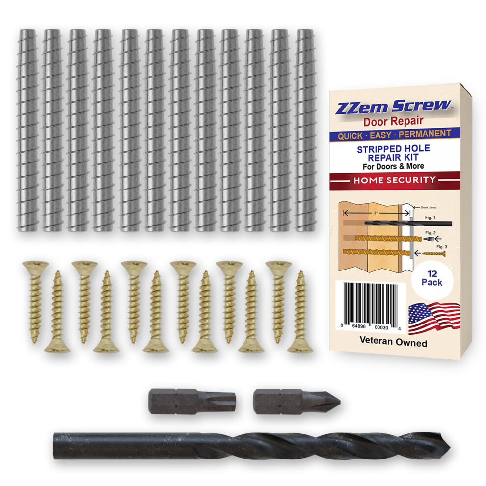 12-Pk - #9X3 Steel Screws Permanent Door Hinge Repair Kit - Easy Stripped Screw Hole Repair - Reinforce Door Hinges Strike Plates & Door Jamb Repair 860009169043