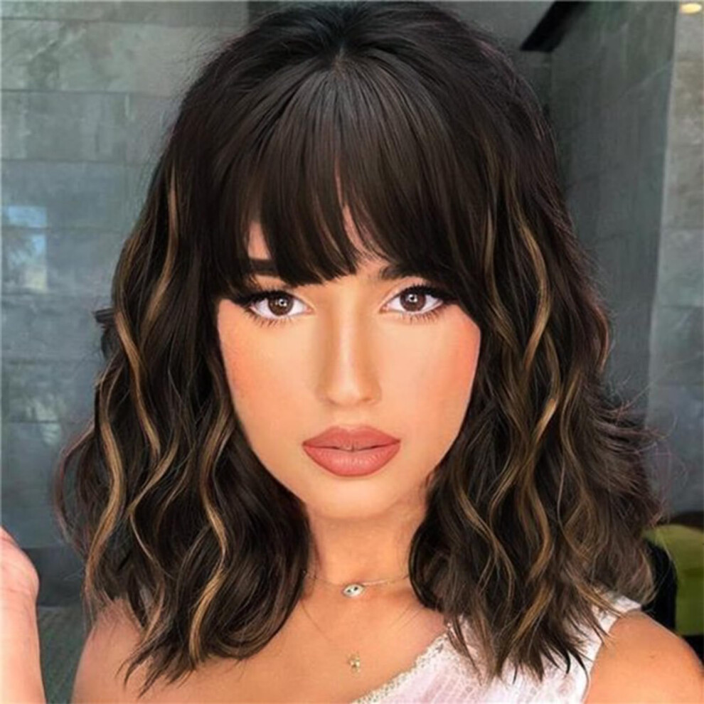Werd Black Mixed Brown Wig With Bangs Short Black Bob Wavy Wigs For Women Synthetic Natural Looking Black Curly Wavy Hair For Daily Party Use