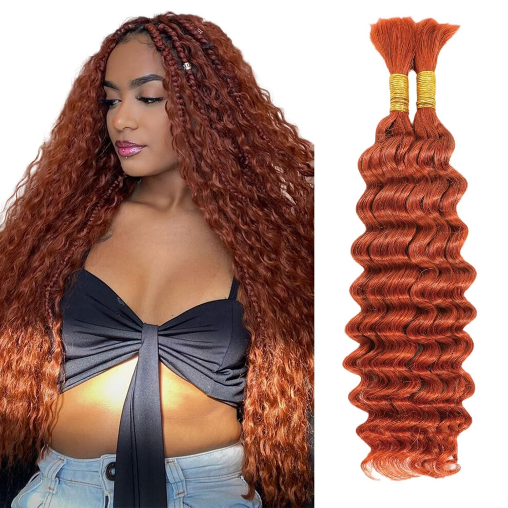 Iuytobe Boho Hair For Braiding 26 Inch Ginger #350 Human Braiding Hair For Boho Braids Human Curly Hair For Boho Knotless Braids 2 Bundles 100G Deep Wave Bulk