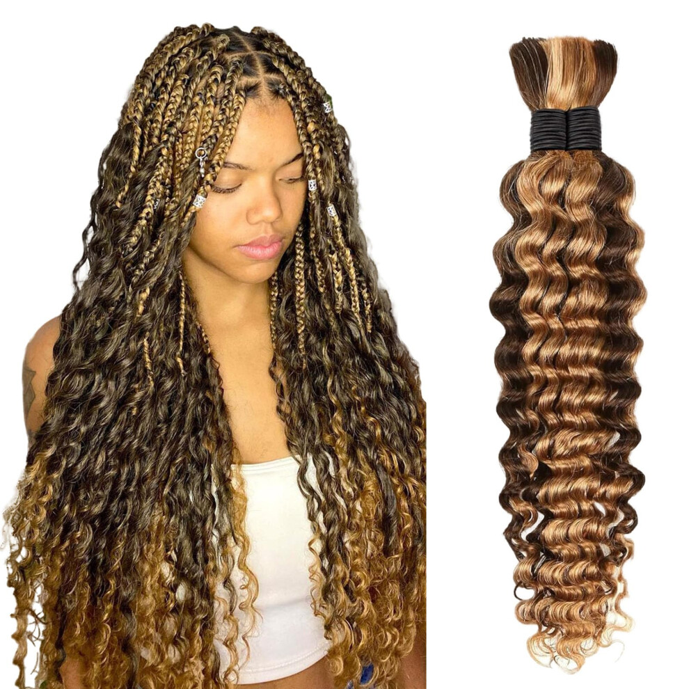 Iuytobe Boho Hair For Braiding 26 Inch P4/27 Human Braiding Hair For Boho Braids Human Curly Hair For Boho Knotless Braids 2 Bundles 100G Deep Wave Bulk Human