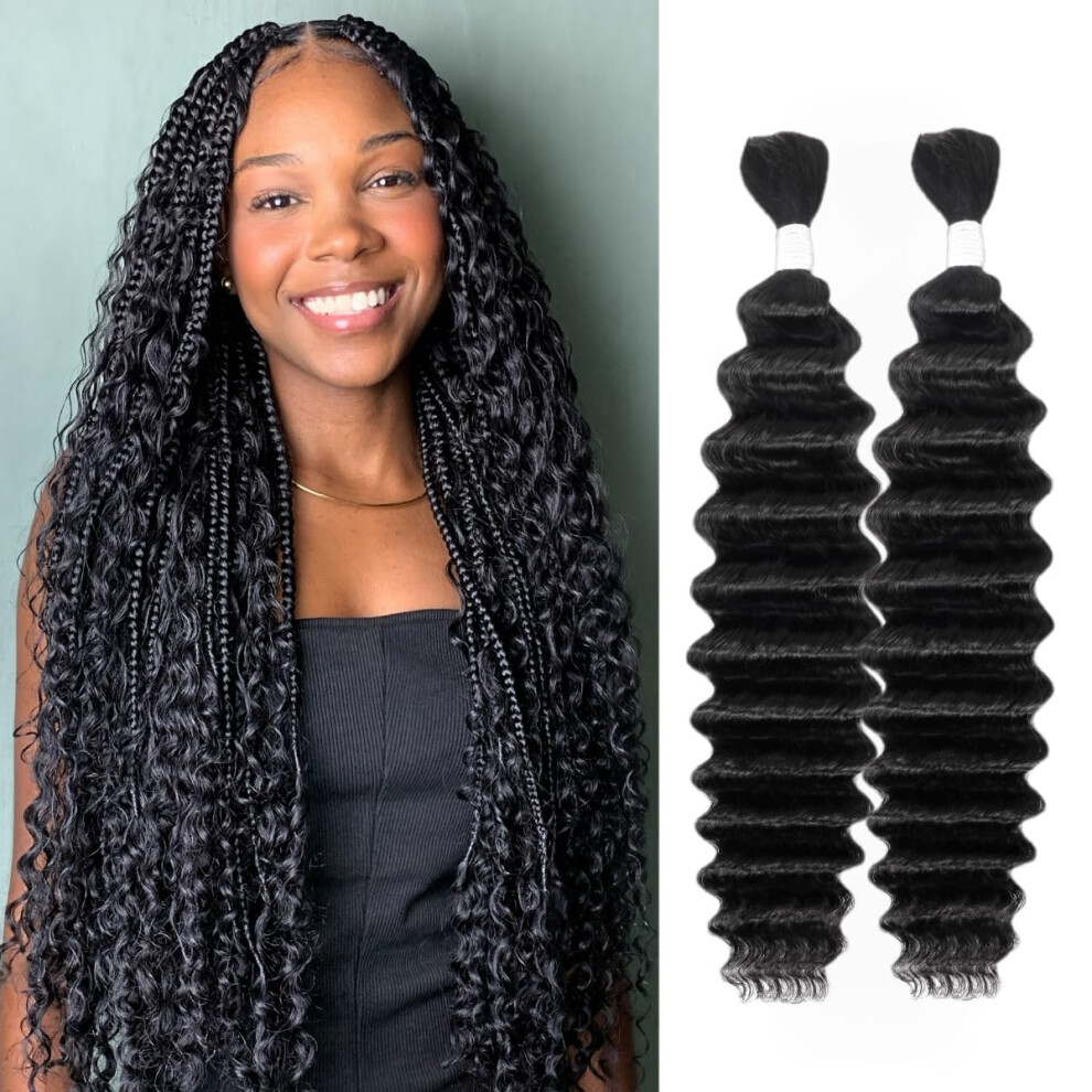 Tatayoobobo Unisex Human Braiding Hair Deep Wave Bulk Human Hair For Braiding No Weft 2 Bundles 100G 26Inch 10A Brazilian Virgin Human Hair Braiding Hair Extensions Curl