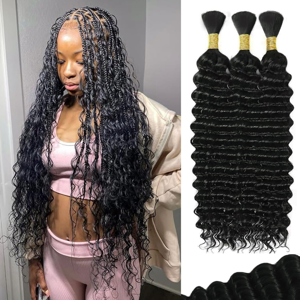 Gaozhao Unisex Human Braiding Hair 12A Deep Water Wave Bulk 150G 16 Inch Curly Human Hair For Boho Braids No Weft 3 Braids Per Pack Wet And Wavy Braiding Hair Natura