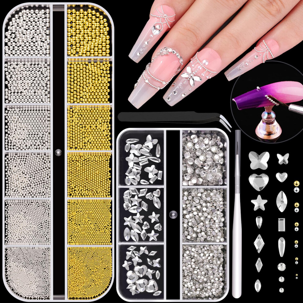 Scatole Di Perline Per Unghie In Metallo (Argento + Oro) E Strass In Vetro A Fondo Piatto (Trasparenti) Per Nail Art, Cristalli Di Lusso, Ciondol-image