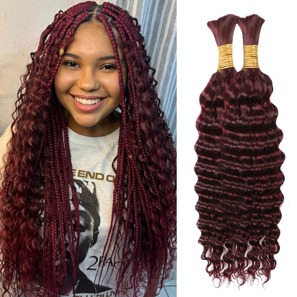 Anmanbeauty Unisex Red Human Braiding Hair 14 Inch 100G Burgundy Deep Wave Bulk Human Hair For Braiding No Weft Curly Bundles Human Hair Extensions For Boho Knotless Braids