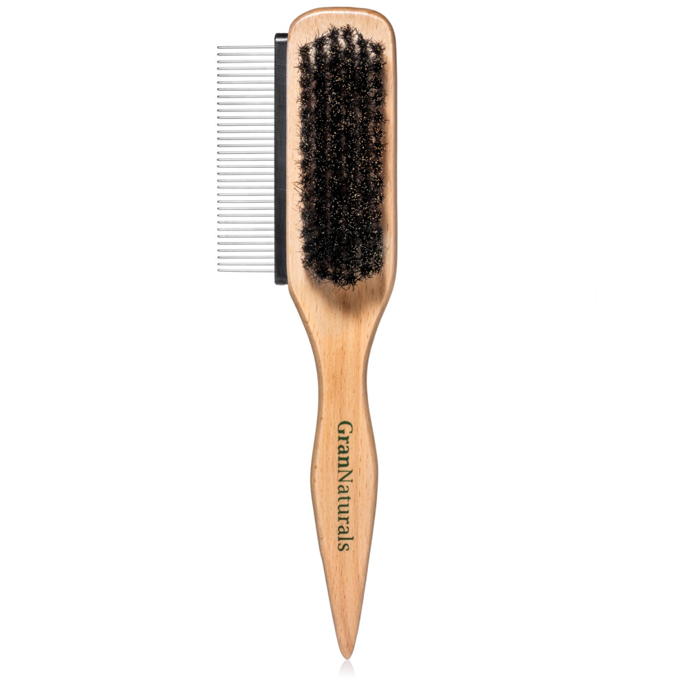 Grannaturals Boar Bristle Slick Back Hair Brush W/Comb For Smoothing Sleek Ponytail Bun - Wide Rat Tail & Metal Comb Hairbrush For Parting Teasing B