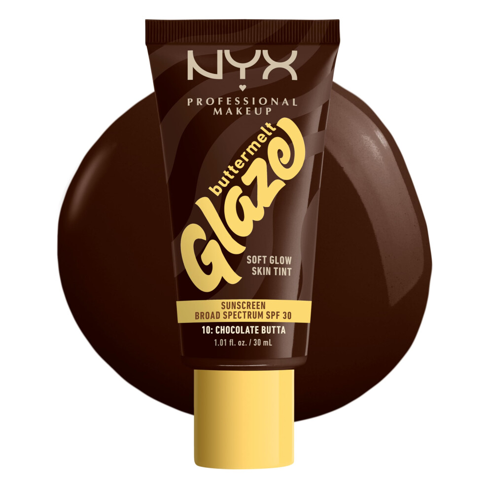 NYX PROFESSIONAL MAKEUP Buttermelt Glaze Soft Glow Skin Tint + SPF 30  Up To 12HR Wear  10 Chocolate Butta