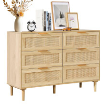 VEVOR 6 Drawer Rattan Dresser  Boho Dresser  Rattan Chest of Drawers with Spacious Storage  Natural Rattan Dresser for Bedroom  Living Room & Hallway