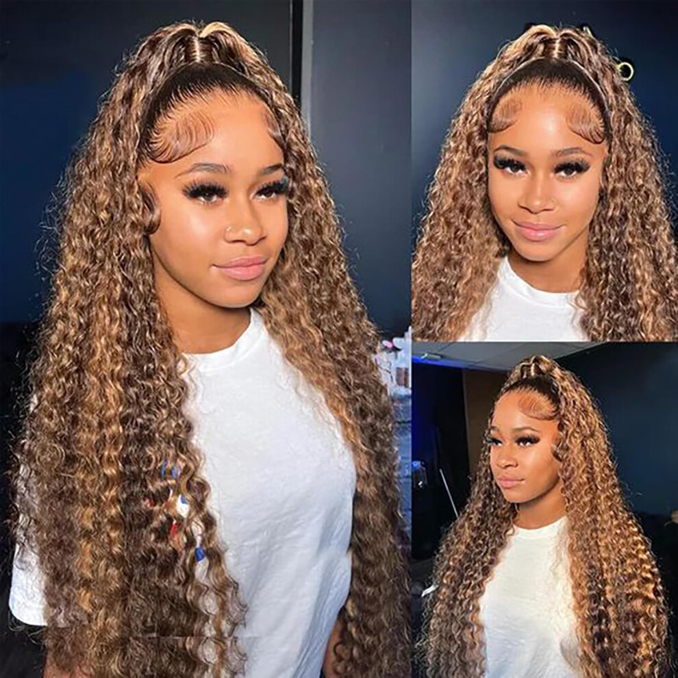 Cfaimity Unisex Highlight Ombre Lace Front Wig Human Hair 13X6 Hd Honey Blonde P4/27 Deep Wave Lace Frontal Wigs Human Hair Pre Plucked 180% Density Curly Wa