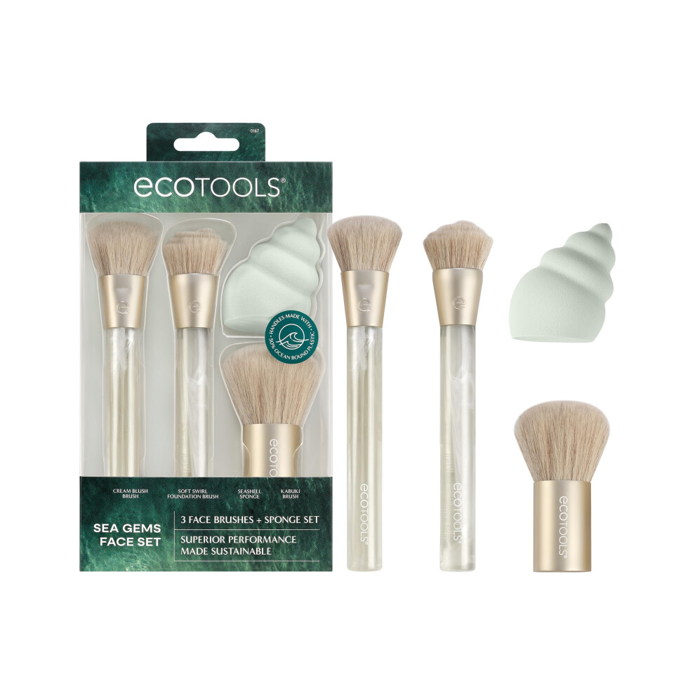 EcoTools Sea Gems Face Makeup Brush & Sponge 4 Piece Set  Eco-Friendly Makeup Brushes & Makeup Sponge  For Foundation  Blush  Contour  & Setting Powde