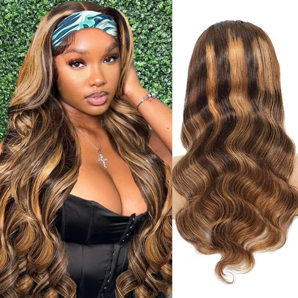Hã¶Her Unisex Ombre Headband Wig Human Hair #4/27 Highlight Body Wave Headband Wig 16 Inch Glueless None Lace Front Wig Brazilian Virgin Human Hair Headband Wigs Fo