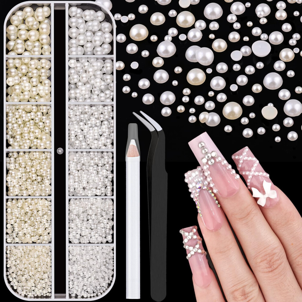 Belleboost Beige/White Flatback Pearls For Nail Art Half Round Nail Pearls With Pickup Pencil And Tweezers Pearls Nail Charms Accessories For Acrylics Manicure