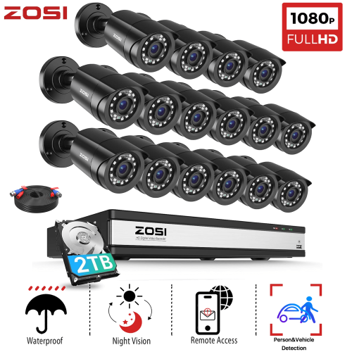 ZOSI 16CH CCTV Security Camera System, 16pcs Bullet Cameras 2TB HDD