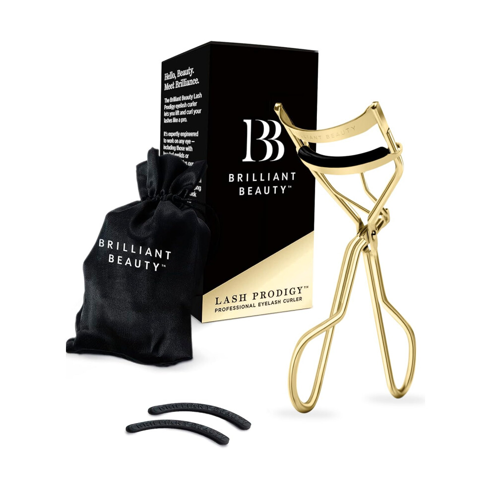 Schitterende Schoonheid Gold Eyelash Curler With Satin Bag & Refill Pads - Award Winning - No Pinching Just Dramatically Curled Eyelashes For A Lash Lift In Seconds (Gold)
