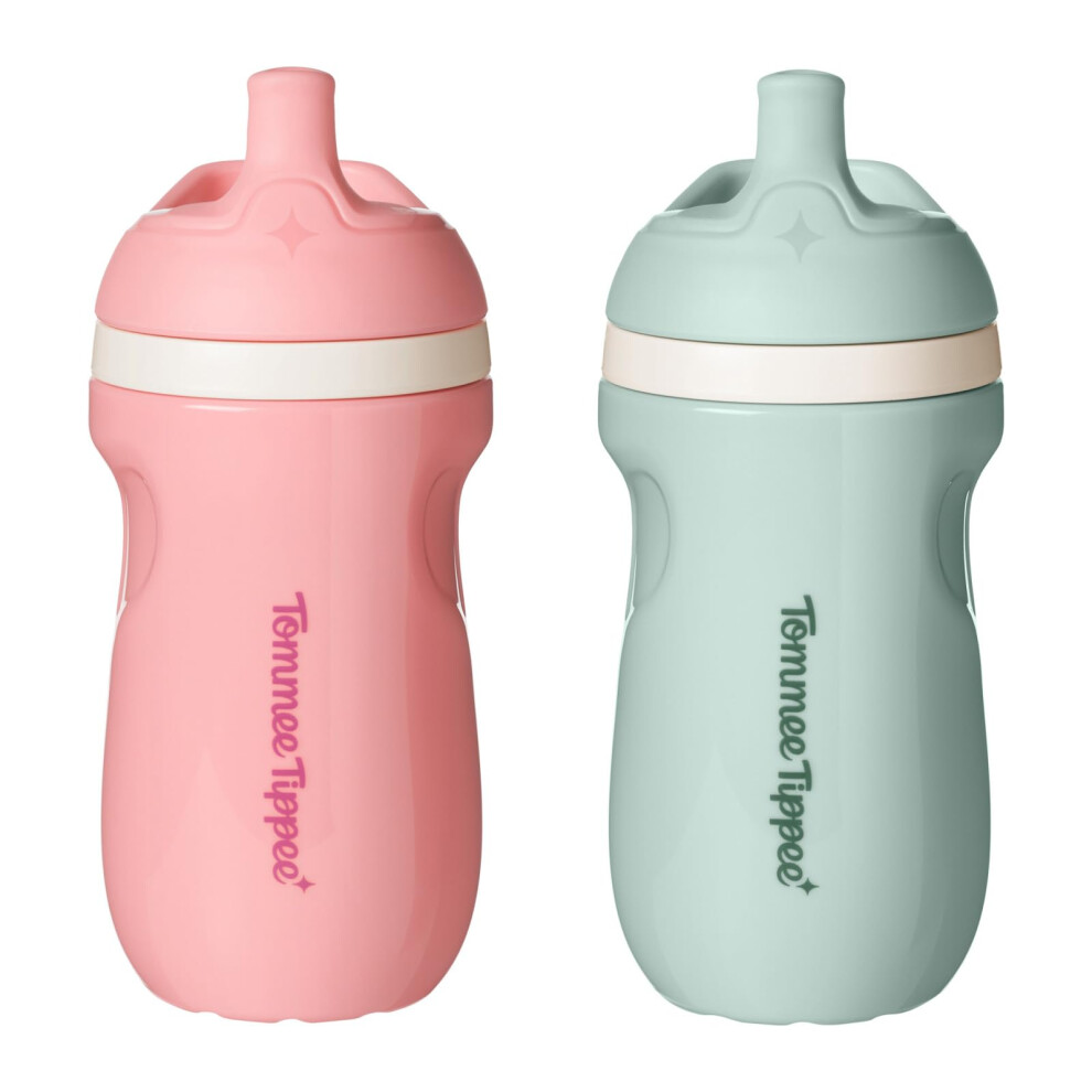 Tommee Tippee Insulated Sporty Bottle  9oz  No Spill Toddler Water Bottle For 12 months +  Two-Piece Valve Helps Stop Spills  Pack of 2  Pink and Mint