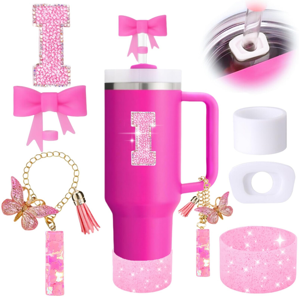 MOTEERLLU 6PCS Pink Stanley Cup Accessories Set  Initials Decorations for Stanley Cup 30oz 40oz  Includes Bow Straw Topper  Handle Charm  Letter Stick