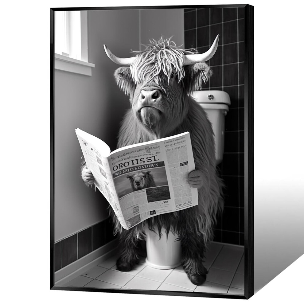 KOEUIRW Dr   le de vache des Highlands Salle de bain Toile Art mural Noir et blanc Longhorns dans les toilettes Affiche esth   tique Vintage Mignon A