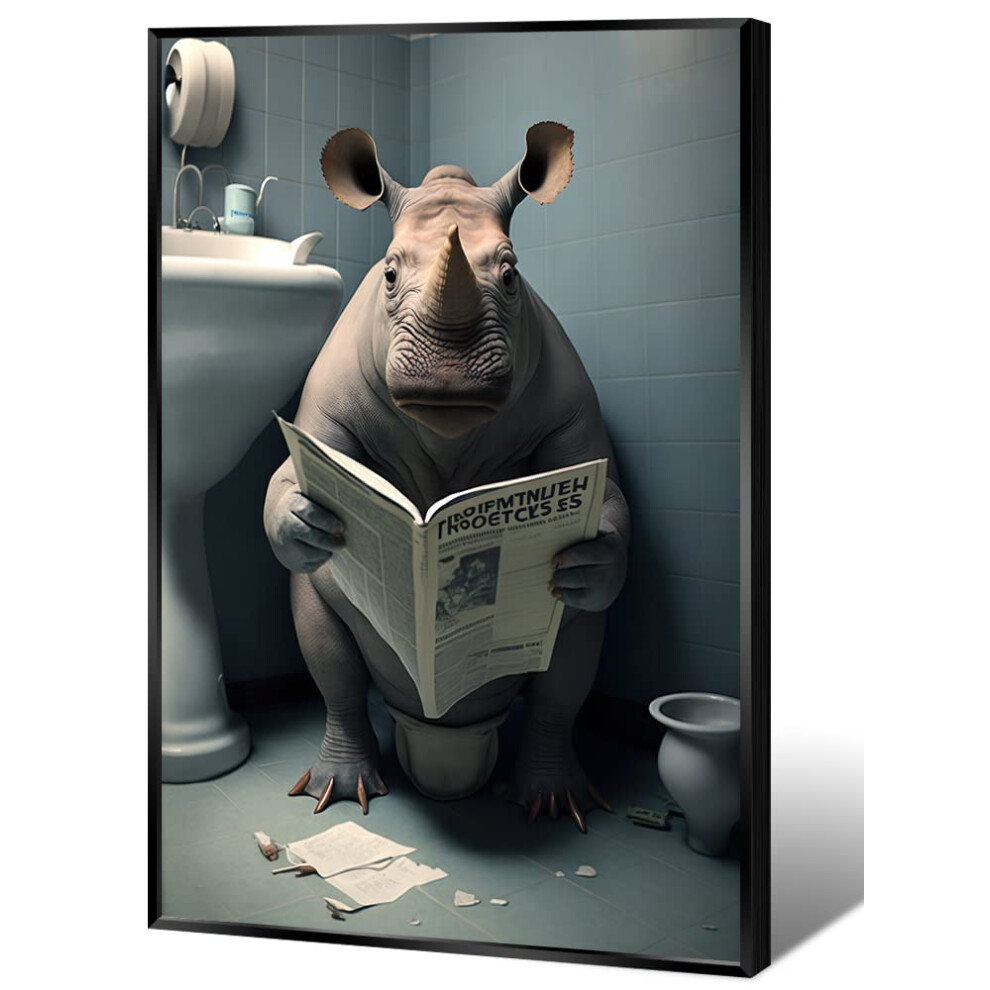 KOEUIRW Dr   le Rhino Salle de Bain Toile Art Mural Mignon Chien Dans Toilettes Affiches Noir et Blanc Imprim   s Animaliers Peinture Maximaliste Mil