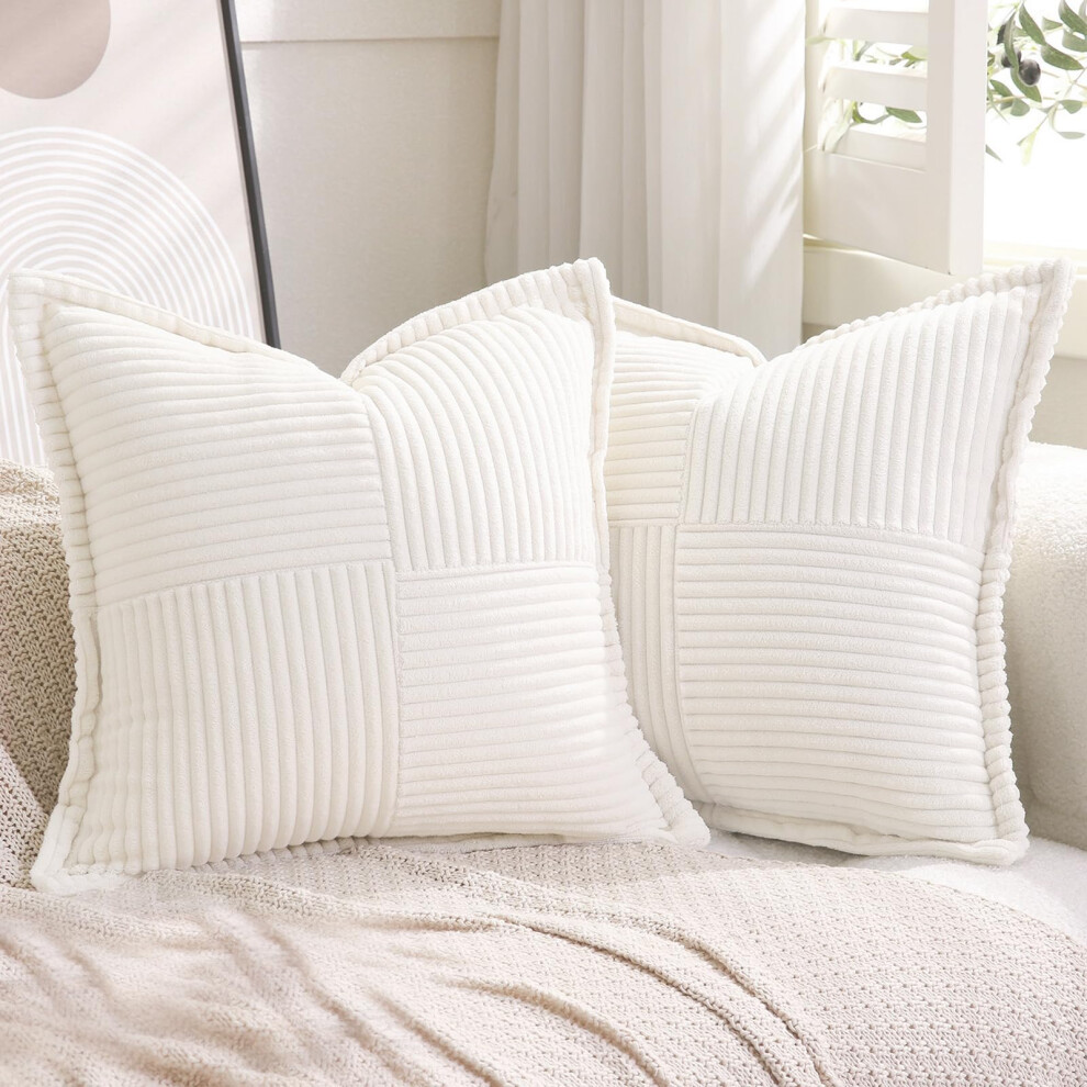Puncuntex Lot de 2 housses de coussin en velours côtelé style bohème, blanc crème, 61 cm, super douces, texture rayée, pour canapé, salon, ferme