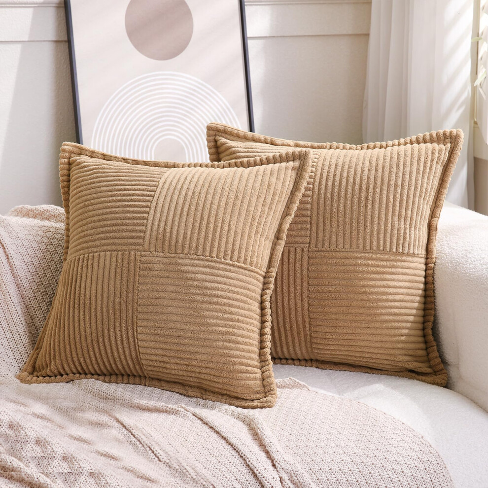 Puncuntex Lot de 2 housses de coussin décoratives en velours côtelé style bohème kaki 61 cm x 61 cm, taie d'oreiller super douce à rayures pour c
