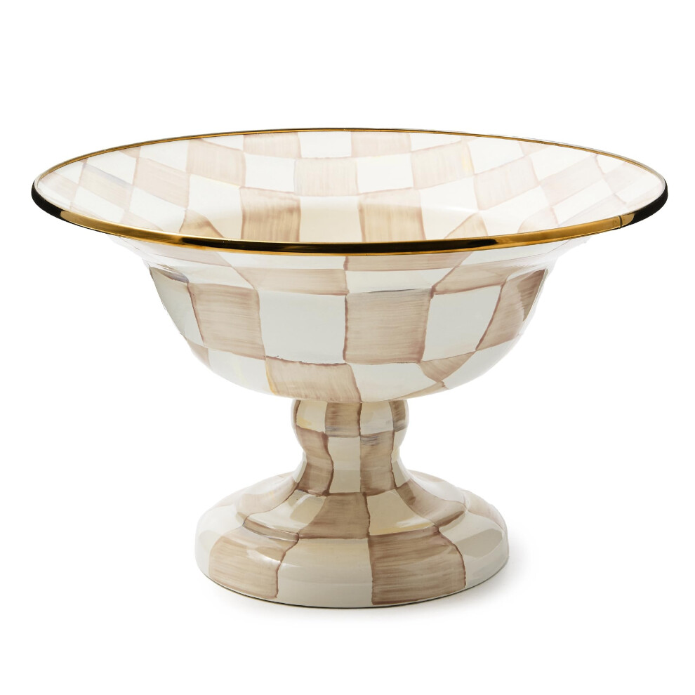 MACKENZIE-CHILDS Enamel Compote  Cute Enamel Pedestal Serving Dish or Decorative Bowl  Large  Brown-and-White Mocha Check