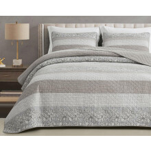 Chezmoi Collection Robyn 3-Piece Neutral Taupe Gray White Floral Hibiscus Flower Patchwork Striped Quilt Set - Pre-Washed Cotton Coverlet - Lightweig