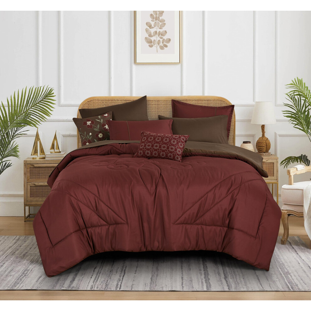 Parure de lit ESCA Bed-in-a-Bag 9 pi   ces Umay Floral Bordeaux avec couette et draps pour lit queen size marron