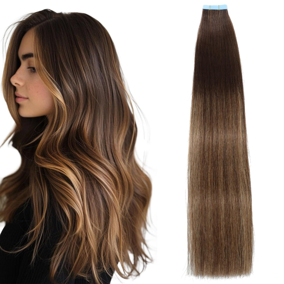 Lveyan Unisex Brown Tape In Hair Extensions Human Hair 20 Inch Choclolate To Caramel Blonde/ Remy Human Hair Skin Weft 20Pcs 50G/Pack Invisible Tape In