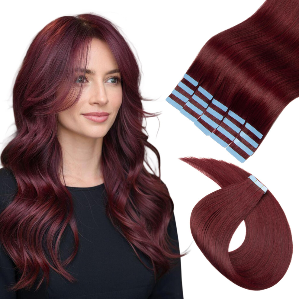 Lveyan Unisex Red Tape In Hair Extensions Human Hair 14 Inch 20Pcs 40G/Pack Burgundy Tape In Straight Seamless Skin Weft Remy Tape In Hair Extensions(#99J 14Inc