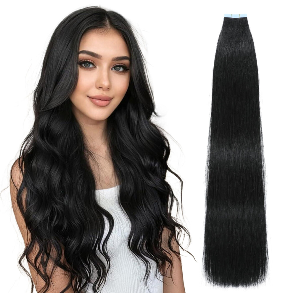 Lveyan Unisex Black Tape In Hair Extensions Human Hair 18 Inch Jet Remy Human Hair For Women Skin Weft 20Pcs 50G/Pack Invisible Tape In Hair Extensions (#1