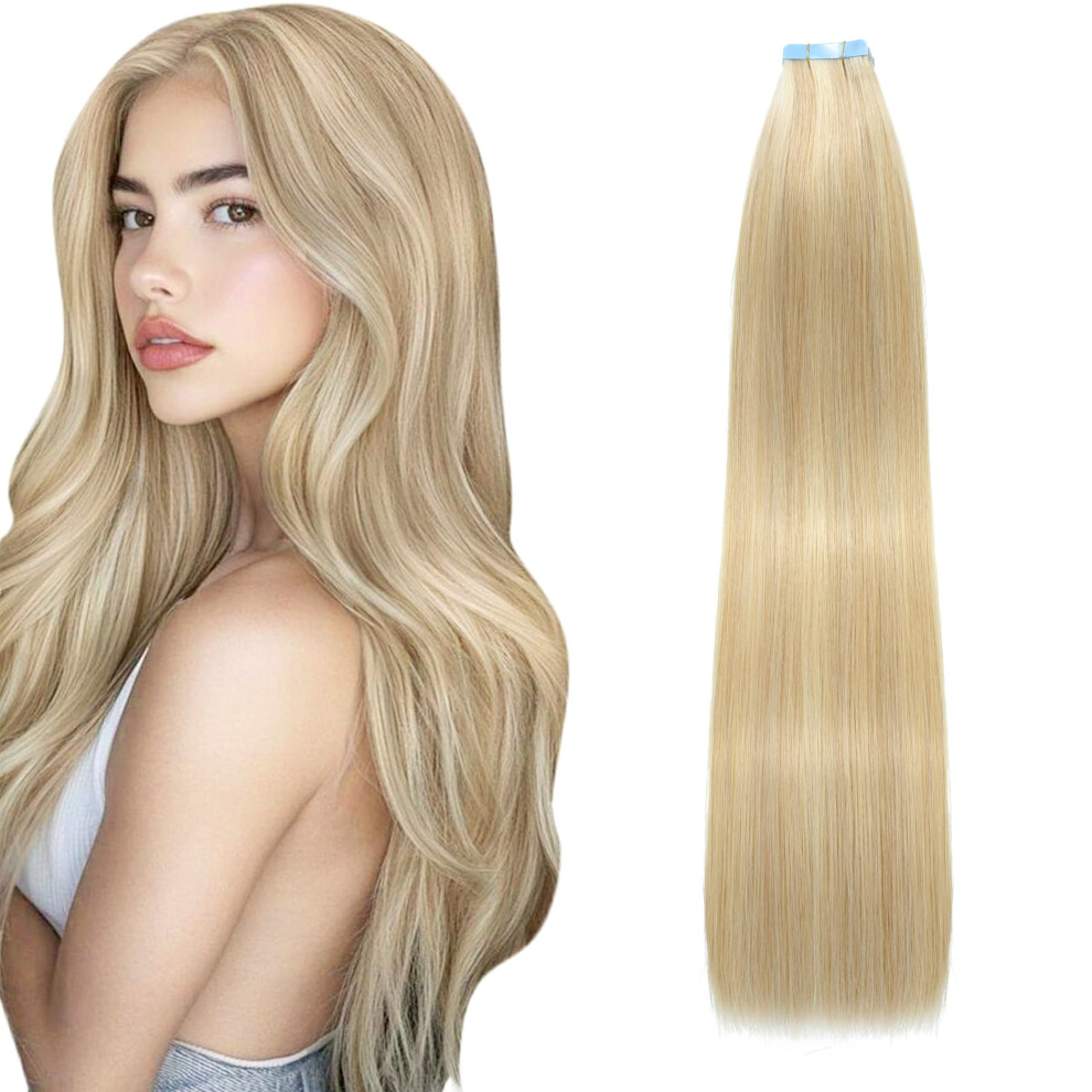 Lveyan Unisex Brown Tape In Hair Extensions Human Hair 18 Inch Balayage /Bleach Blonde Remy Human Hair For Women Skin Weft 20Pcs 50G/Pack Invisible Tape In H