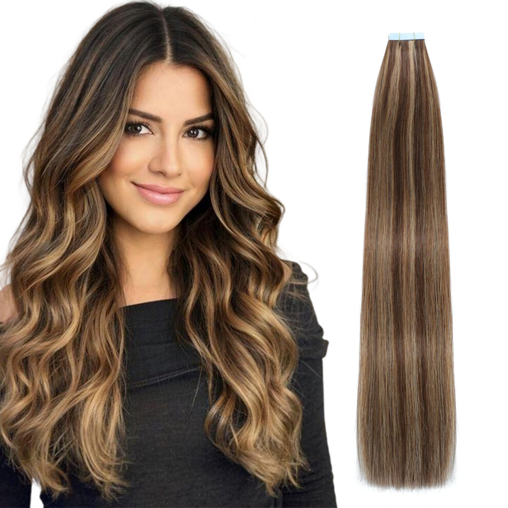 Lveyan Unisex Brown Tape In Hair Extensions Human Hair 14 Inch Chocolate /Dark Blonde Remy Human Hair For Women Skin Weft 20Pcs 40G/Pack Invisible Tape In Ha