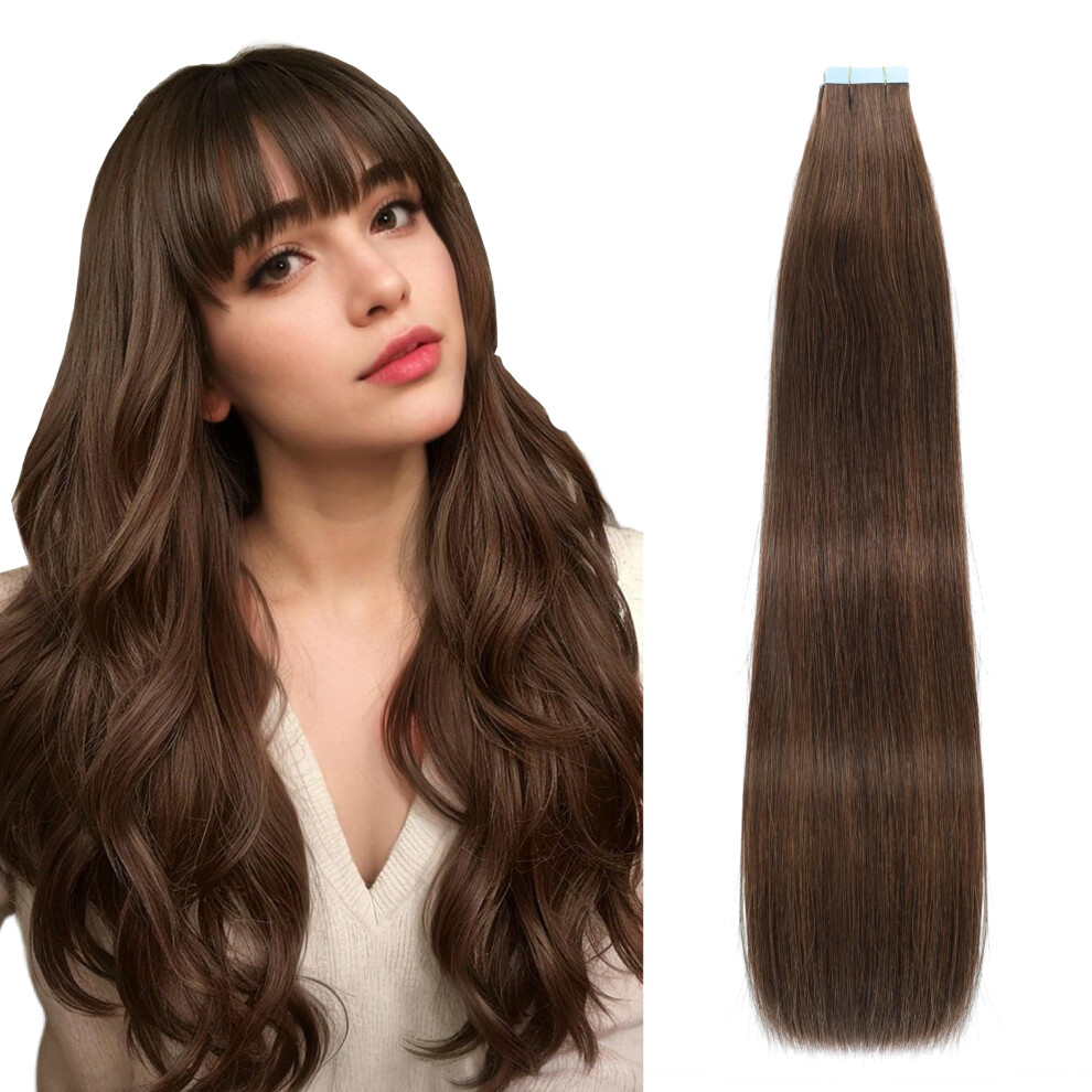Lveyan Unisex Brown Tape In Hair Extensions Human Hair 18 Inch 20Pcs 50G/Pack Tape In Straight Seamless Skin Weft Remy Tape In Hair Extensions For Women(#4