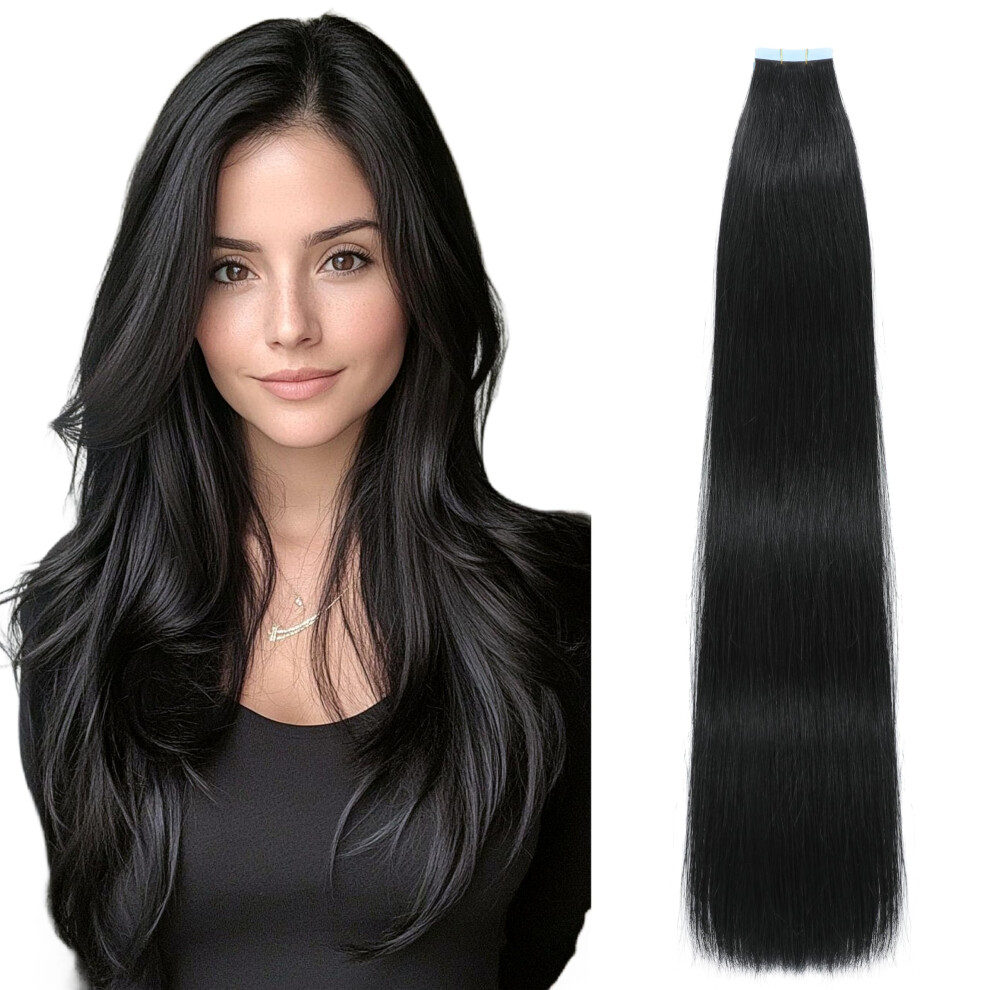 Lveyan Unisex Black Tape In Hair Extensions Human Hair 14 Inch Jet Remy Human Hair For Women Skin Weft 20Pcs 40G/Pack Invisible Tape In Hair Extensions (#1