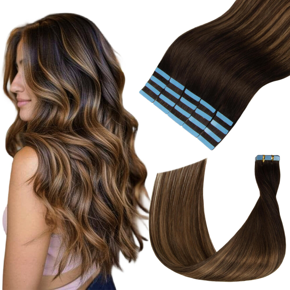 Lveyan Unisex Brown Tape In Hair Extensions Human Hair 16 Inch Dark To Chestnut /Dark Remy Human Hair Skin Weft 20Pcs 50G/Pack Invisible Tape In